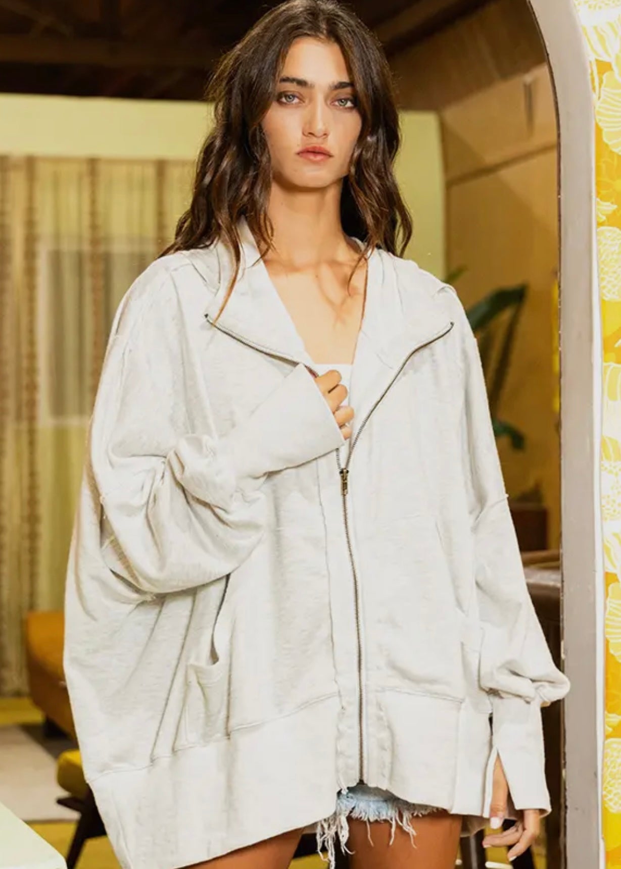 Distressed Exposed Seam Oversized Zipup